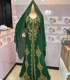 Emerald Green Moroccan Stitched Kaftan with Golden Hand Embroidery & Dupatta