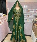  Emerald Green Moroccan Stitched Kaftan with Golden Hand Embroidery & Dupatta