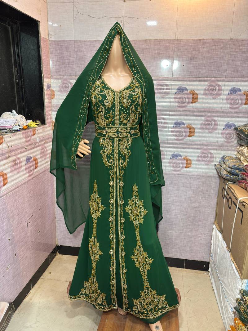 Emerald Green Moroccan Stitched Kaftan with Golden Hand Embroidery & Dupatta