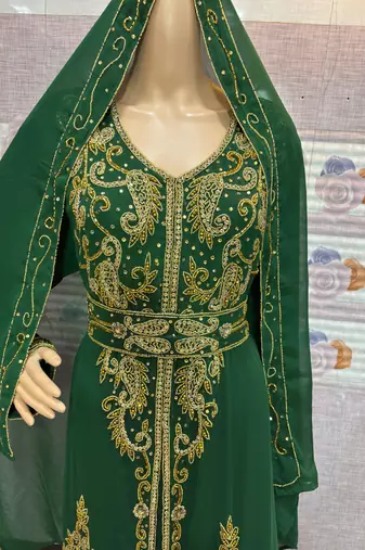  Emerald Green Moroccan Stitched Kaftan with Golden Hand Embroidery & Dupatta
