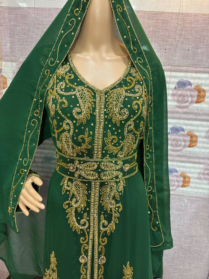 Emerald Green Moroccan Stitched Kaftan with Golden Hand Embroidery & Dupatta