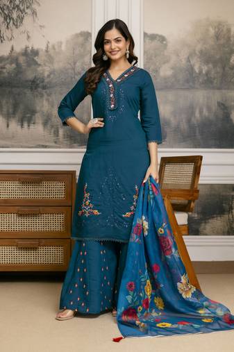 Cotton Silk Hand Work Embroidery Kurta Palazzo Set with Printed Dupatta 