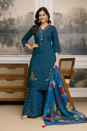 Cotton Silk Hand Work Embroidery Kurta Palazzo Set with Printed Dupatta 