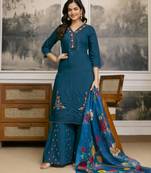Trendmalls Cotton Silk Hand Work Embroidery Kurta Palazzo Set with Printed Dupatta 