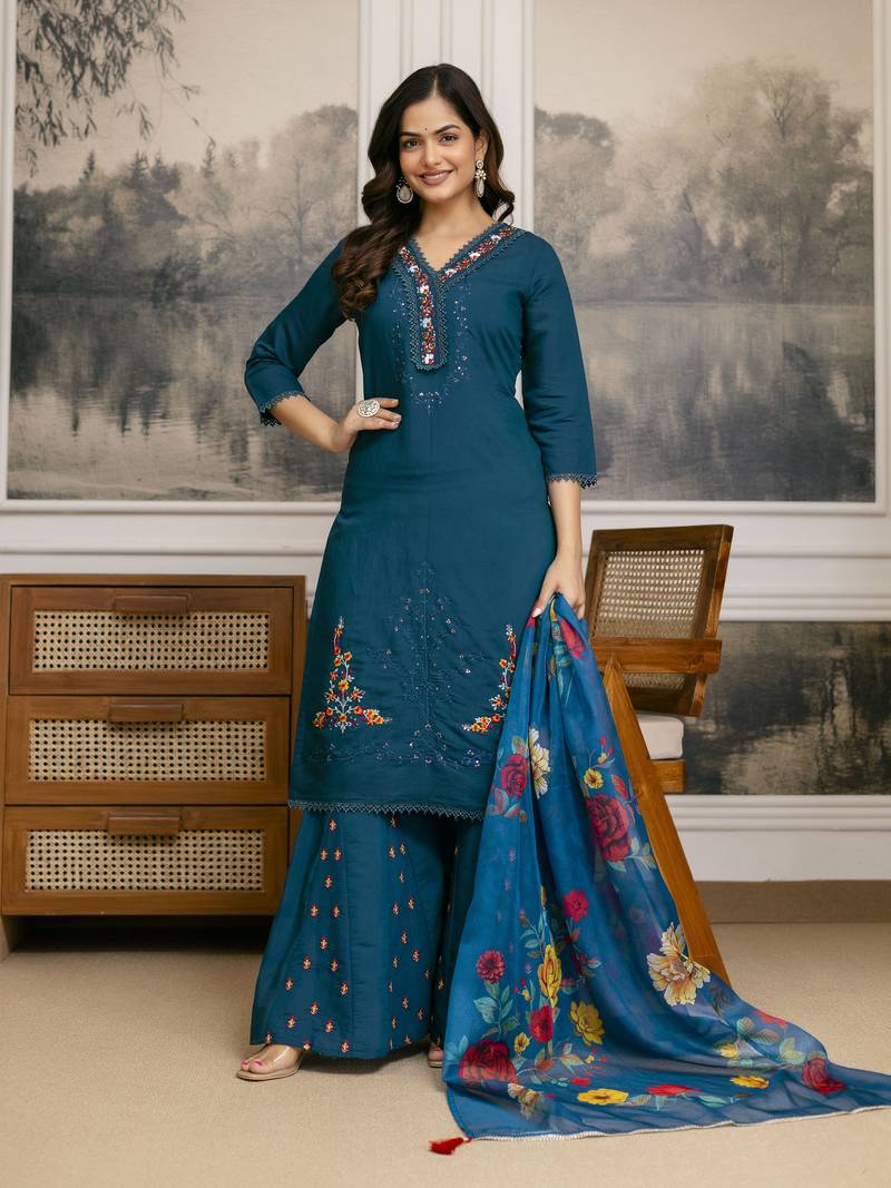 Cotton Silk Hand Work Embroidery Kurta Palazzo Set with Printed Dupatta 