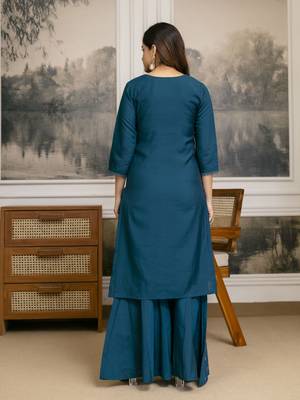 Cotton Silk Hand Work Embroidery Kurta Palazzo Set with Printed Dupatta  2
