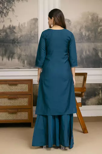 Trendmalls Cotton Silk Hand Work Embroidery Kurta Palazzo Set with Printed Dupatta 