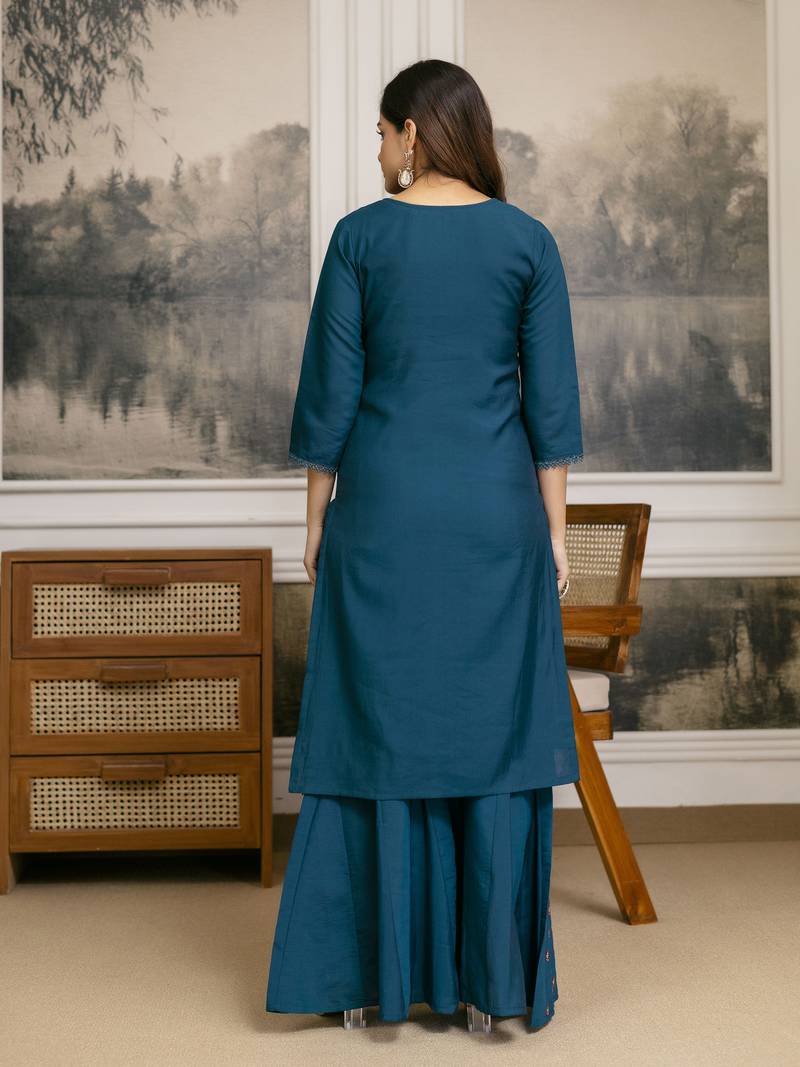 Cotton Silk Hand Work Embroidery Kurta Palazzo Set with Printed Dupatta 