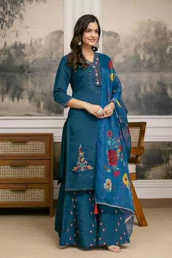 Trendmalls Cotton Silk Hand Work Embroidery Kurta Palazzo Set with Printed Dupatta 