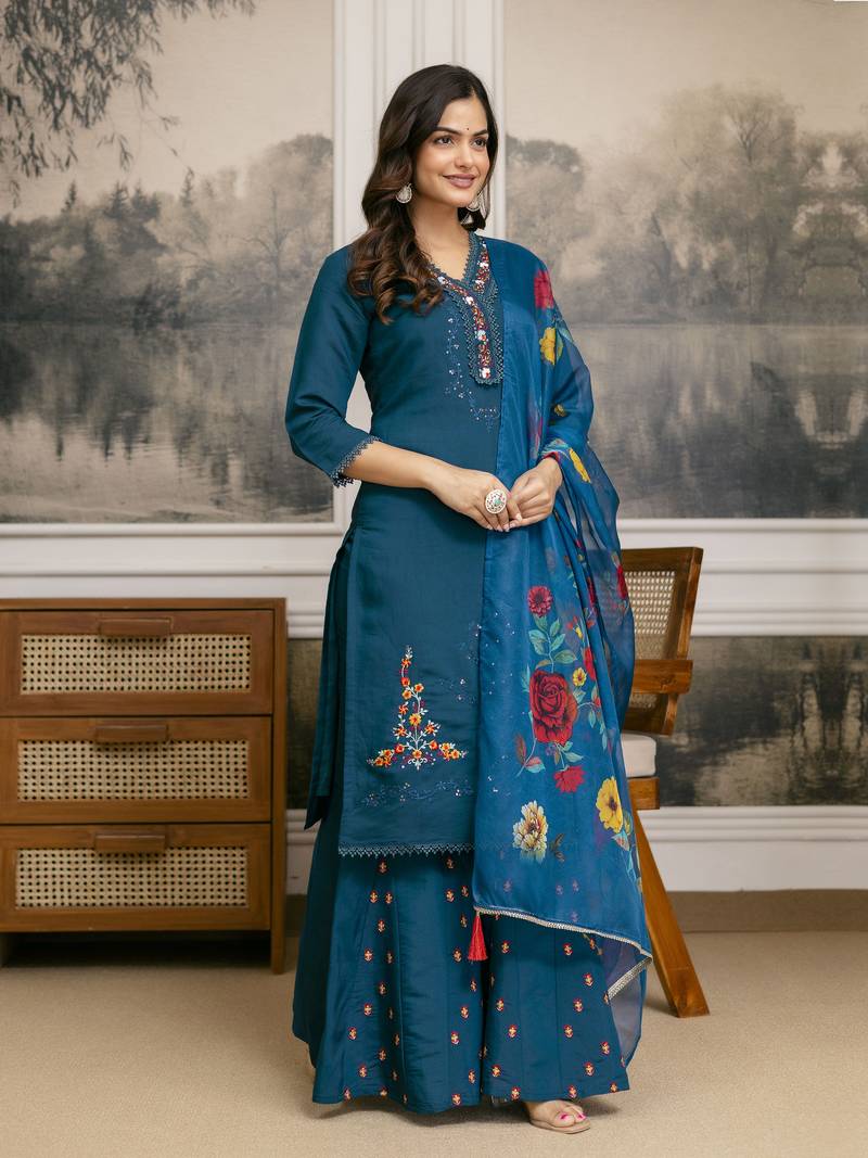 Cotton Silk Hand Work Embroidery Kurta Palazzo Set with Printed Dupatta 