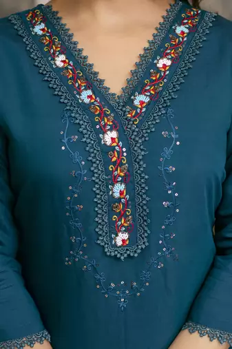 Trendmalls Cotton Silk Hand Work Embroidery Kurta Palazzo Set with Printed Dupatta 