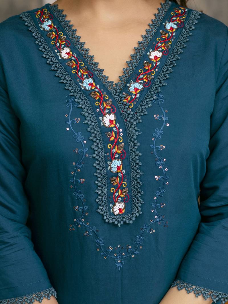 Cotton Silk Hand Work Embroidery Kurta Palazzo Set with Printed Dupatta 