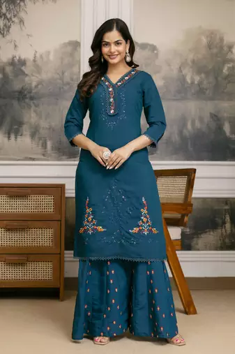 Trendmalls Cotton Silk Hand Work Embroidery Kurta Palazzo Set with Printed Dupatta 