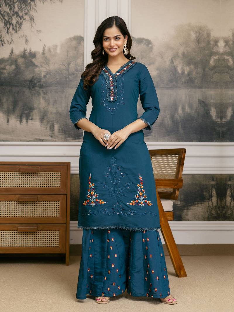 Cotton Silk Hand Work Embroidery Kurta Palazzo Set with Printed Dupatta 
