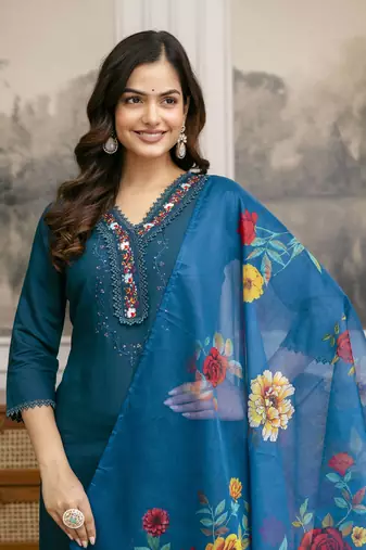 Trendmalls Cotton Silk Hand Work Embroidery Kurta Palazzo Set with Printed Dupatta 
