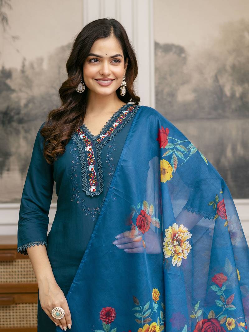 Cotton Silk Hand Work Embroidery Kurta Palazzo Set with Printed Dupatta 