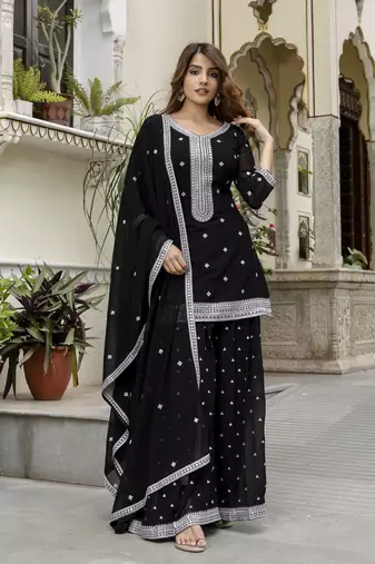 Trendmalls Georgette Embroidery work Kurta Palazzo Set with Dupatta for Women