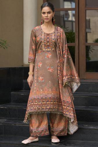 Brown chinon chiffon floral printed a-line kurta with palazzo & printed dupatta