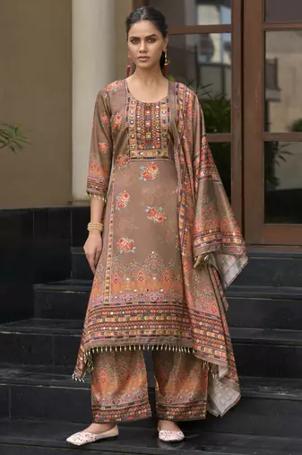 Brown chinon chiffon floral printed a-line kurta with palazzo & printed dupatta