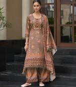 Brown chinon chiffon floral printed a-line kurta with palazzo & printed dupatta