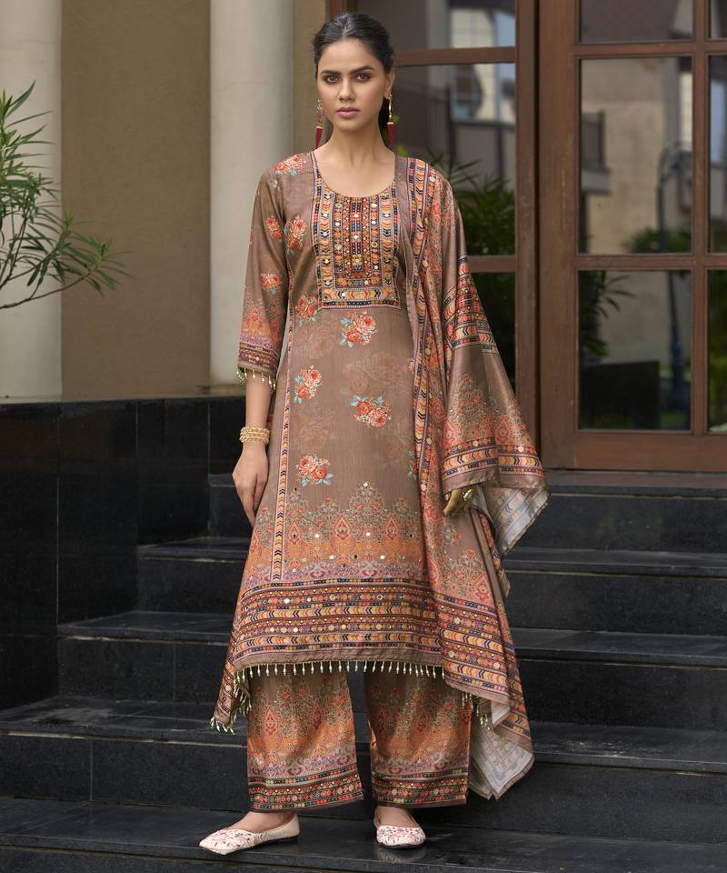 Brown chinon chiffon floral printed a-line kurta with palazzo & printed dupatta