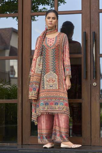 Pink chinon chiffon floral printed a-line kurta with palazzo & printed dupatta