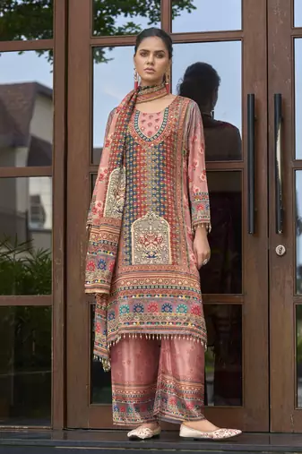 Pink chinon chiffon floral printed a-line kurta with palazzo & printed dupatta