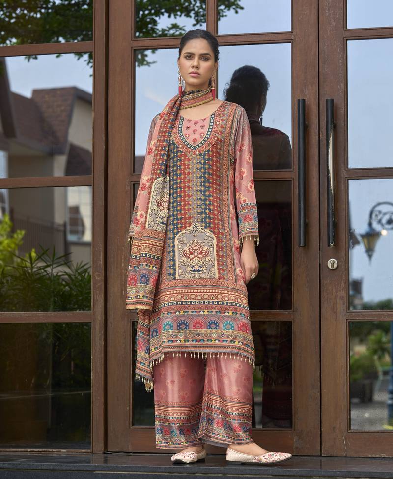 Pink chinon chiffon floral printed a-line kurta with palazzo & printed dupatta