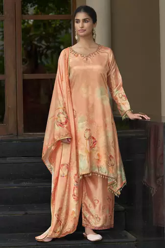 Peach chinon chiffon floral printed a-line kurta with palazzo & printed dupatta