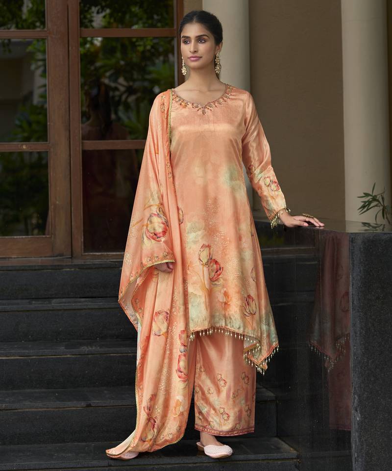 Peach chinon chiffon floral printed a-line kurta with palazzo & printed dupatta