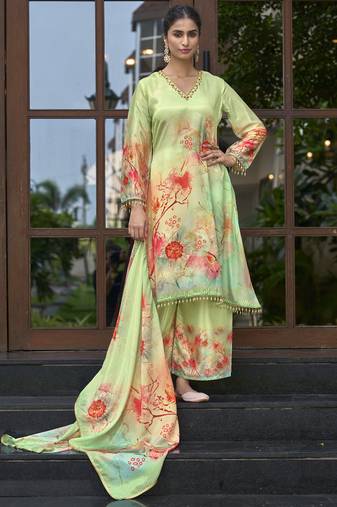 Green chinon chiffon floral printed a-line kurta with palazzo & printed dupatta