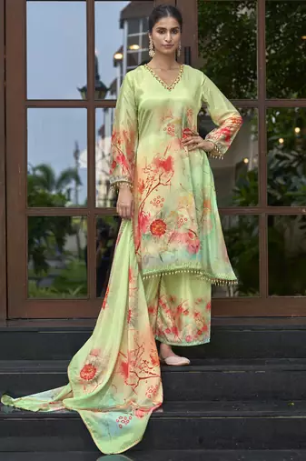 Green chinon chiffon floral printed a-line kurta with palazzo & printed dupatta