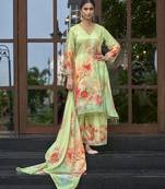 Green chinon chiffon floral printed a-line kurta with palazzo & printed dupatta