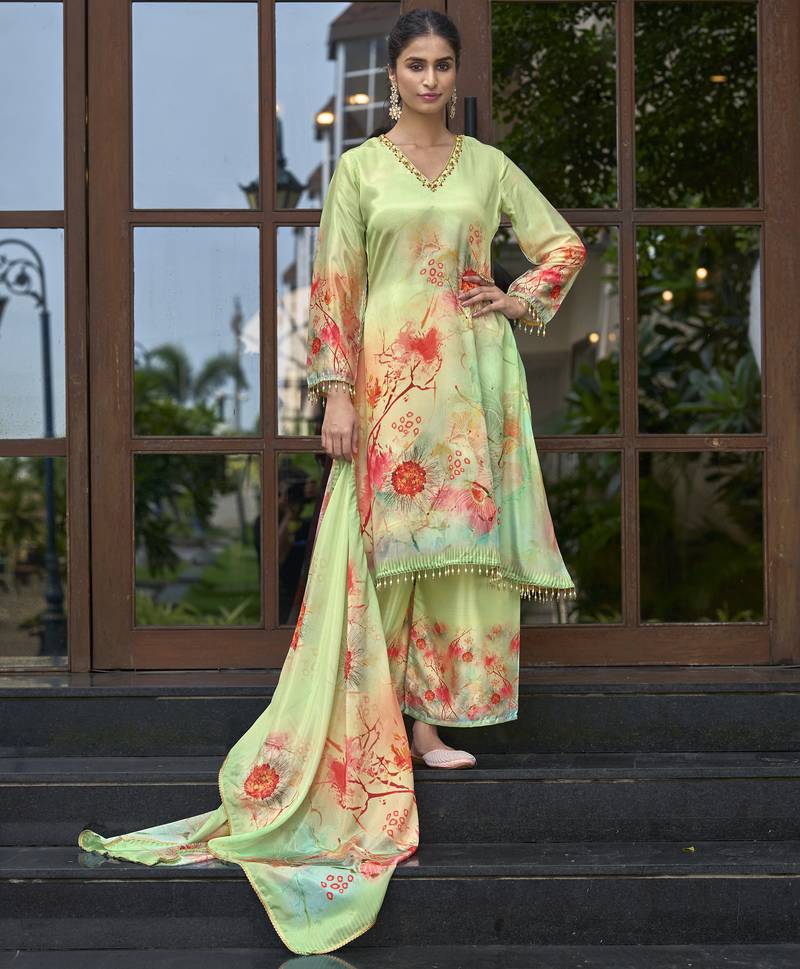 Green chinon chiffon floral printed a-line kurta with palazzo & printed dupatta
