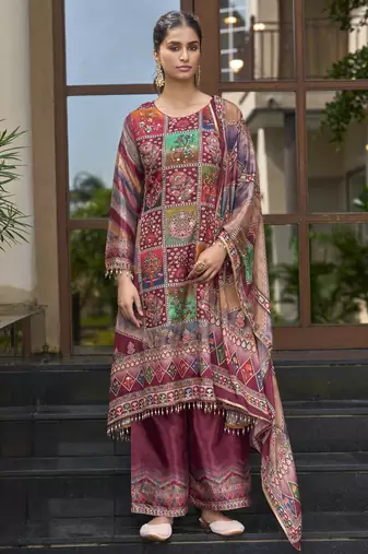 Maroon chinon chiffon floral printed a-line kurta with palazzo & printed dupatta