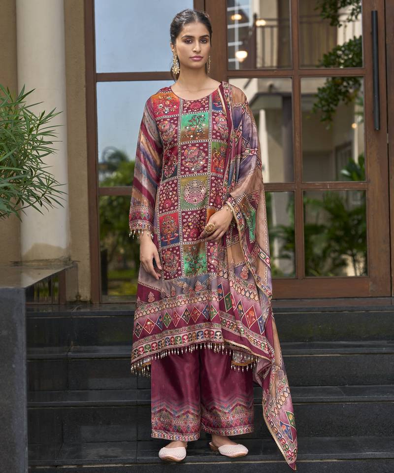 Maroon chinon chiffon floral printed a-line kurta with palazzo & printed dupatta