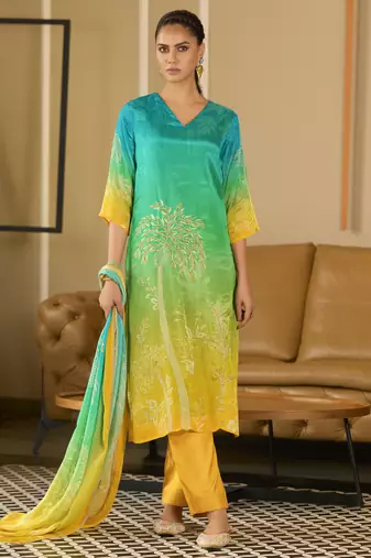 Sea green pure chinon chiffon floral printed straight kurta with comfort fitting pant & printed dupatta