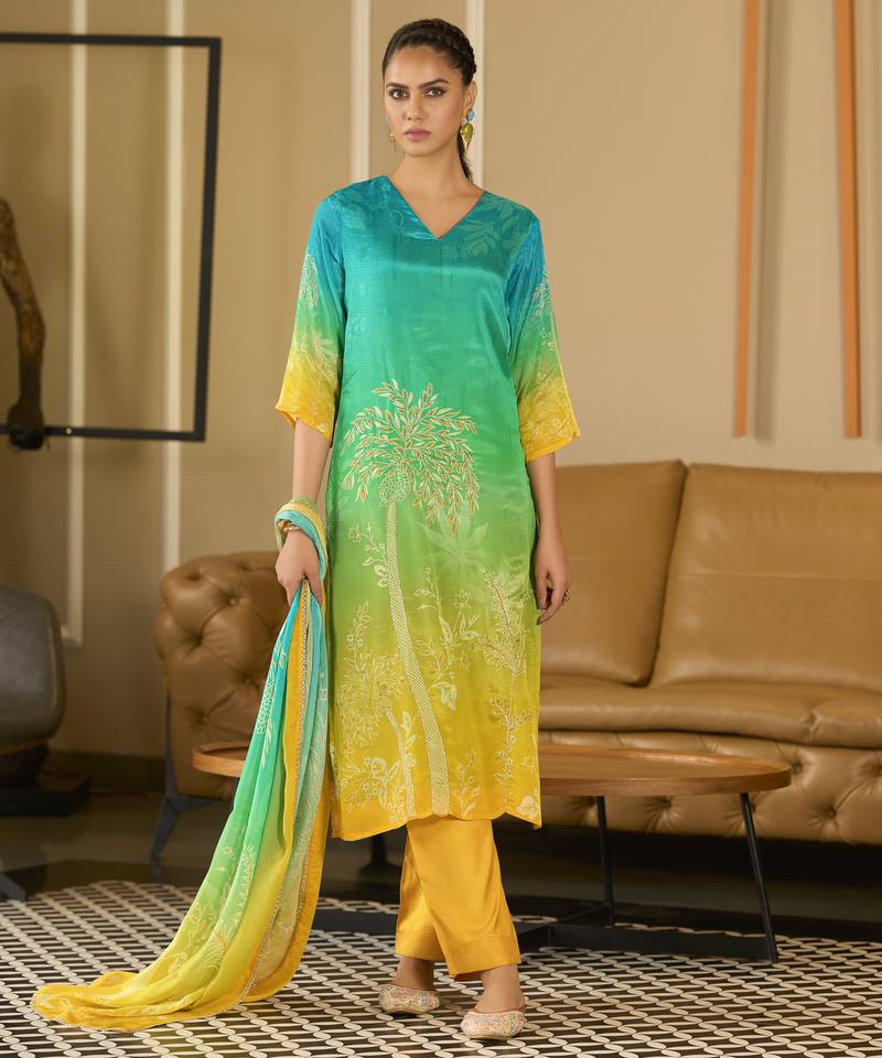 Sea green pure chinon chiffon floral printed straight kurta with comfort fitting pant & printed dupatta