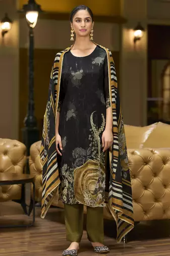 Black pure chinon chiffon floral printed straight kurta with comfort fitting pant & printed dupatta