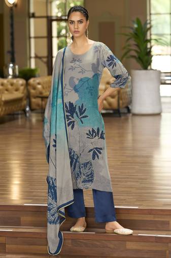 Grey pure chinon chiffon floral printed straight kurta with comfort fitting pant & printed dupatta
