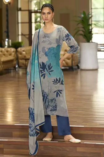 Grey pure chinon chiffon floral printed straight kurta with comfort fitting pant & printed dupatta