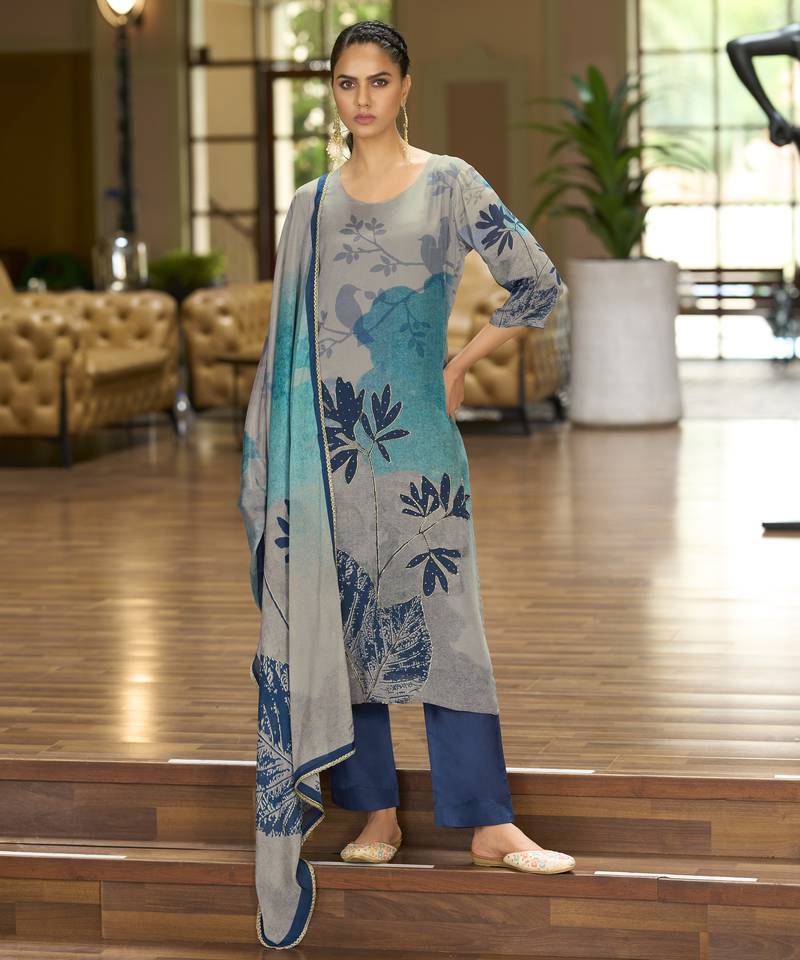 Grey pure chinon chiffon floral printed straight kurta with comfort fitting pant & printed dupatta