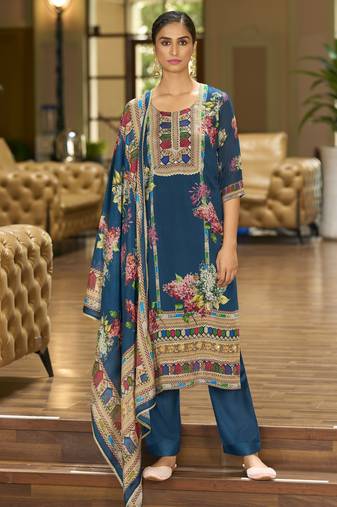 Teal blue pure chinon chiffon floral printed straight kurta with comfort fitting pant & printed dupatta