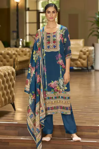 Teal blue pure chinon chiffon floral printed straight kurta with comfort fitting pant & printed dupatta