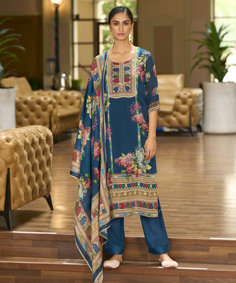 Teal blue pure chinon chiffon floral printed straight kurta with comfort fitting pant & printed dupatta