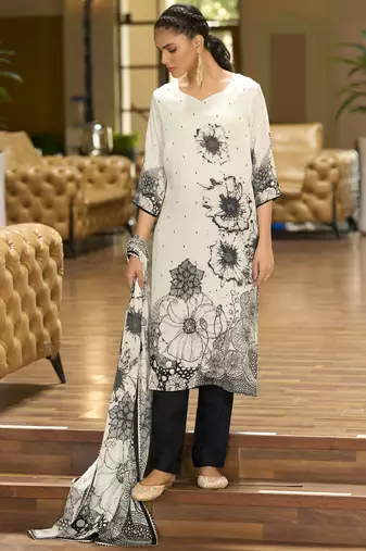 White pure chinon chiffon floral printed straight kurta with comfort fitting pant & printed dupatta