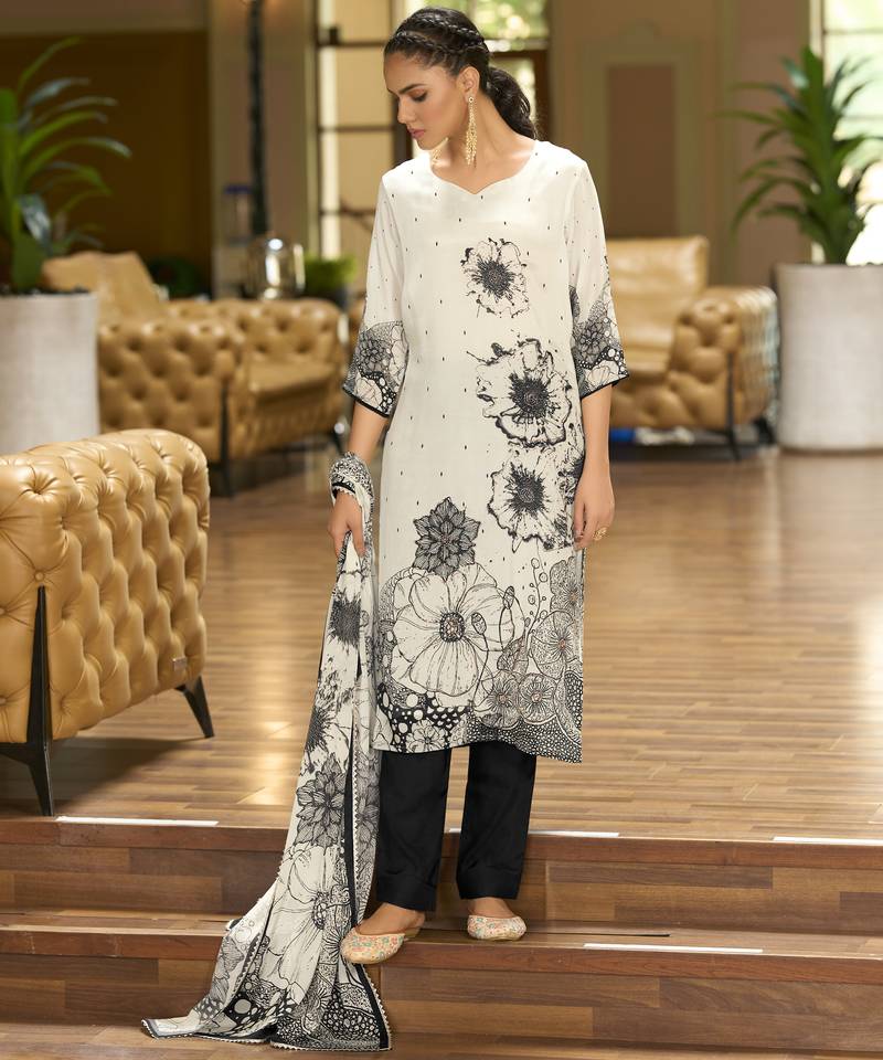 White pure chinon chiffon floral printed straight kurta with comfort fitting pant & printed dupatta