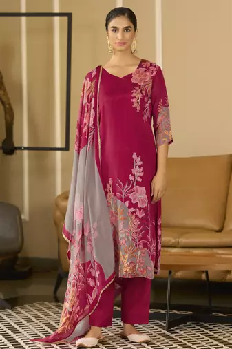 Magenta pure chinon chiffon floral printed straight kurta with comfort fitting pant & printed dupatta