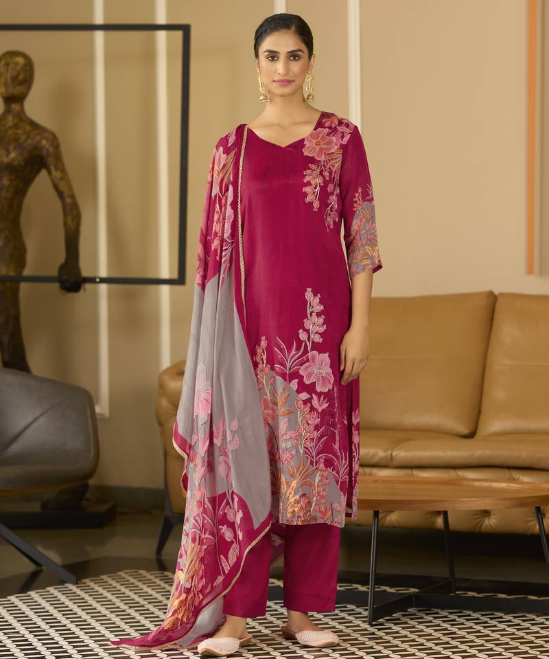 Magenta pure chinon chiffon floral printed straight kurta with comfort fitting pant & printed dupatta