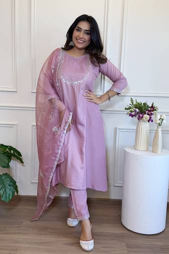 Lavender silk blend anarkali gown set with bottom & dupatta